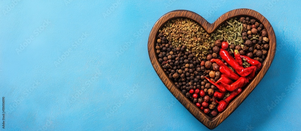 Aufkleber Oriental spices arranged in a heart shaped bowl against a blue background Captured from a top view Copy space