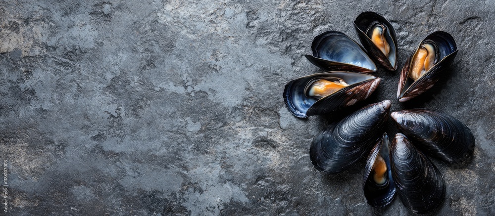 Aufkleber Mussels on a stone concrete surface Top view copy space Square crop