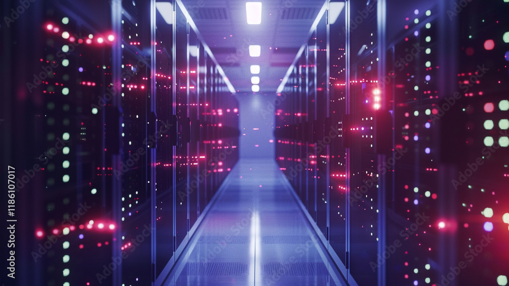Poster modern data center corridor with illuminated server racks, showcasing vibrant lights and sleek desig