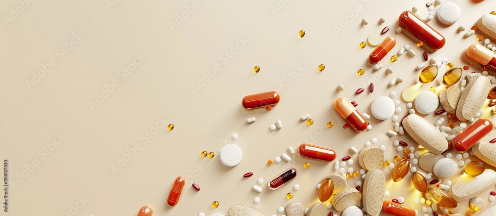 Poster Different capsules and pills on a beige background. with copy space image. Place for adding text or design