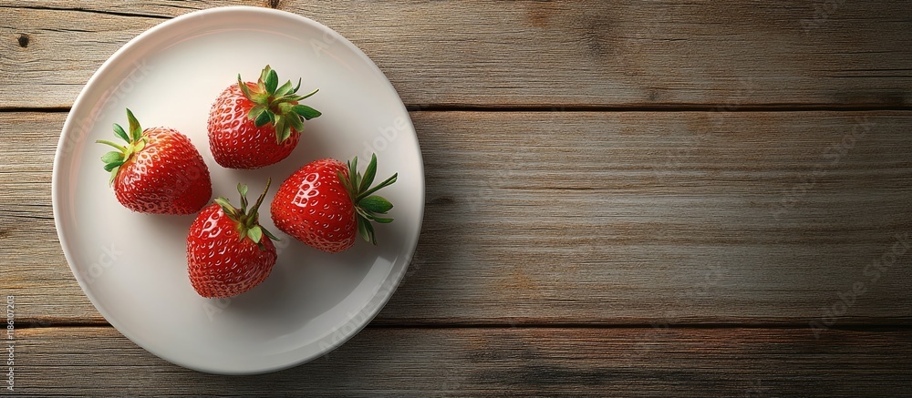 Poster strawberry on a plate resting on a wooden background with copy space