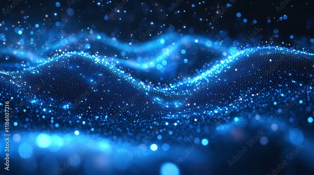 Poster futuristic abstract background with particle-shaped waves in white on a dark blue backdrop, featurin