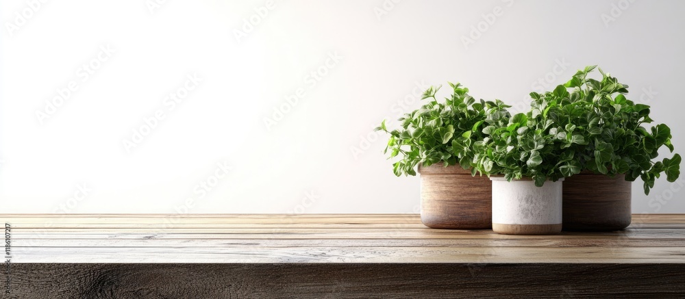 Leinwandbilder Sorrel plants in containers on a wooden table with a white backdrop. with copy space image. Place for adding text or design