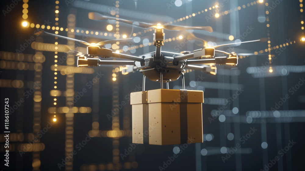 Poster drone delivering package in futuristic setting with glowing lights. scene captures essence of modern