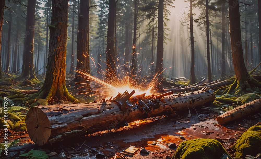 Aufkleber Large log is on the ground in a forest. The log is surrounded by moss and has a fire burning on it