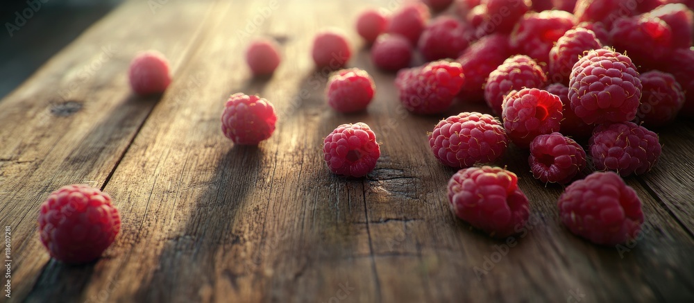 Fototapete sweet raspberries on a wooden surface. with copy space image. place for adding text or design