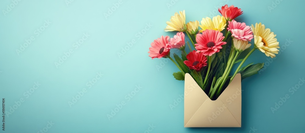 Aufkleber colorful flowers in an envelope representing the flower delivery concept celebrate. with copy space 