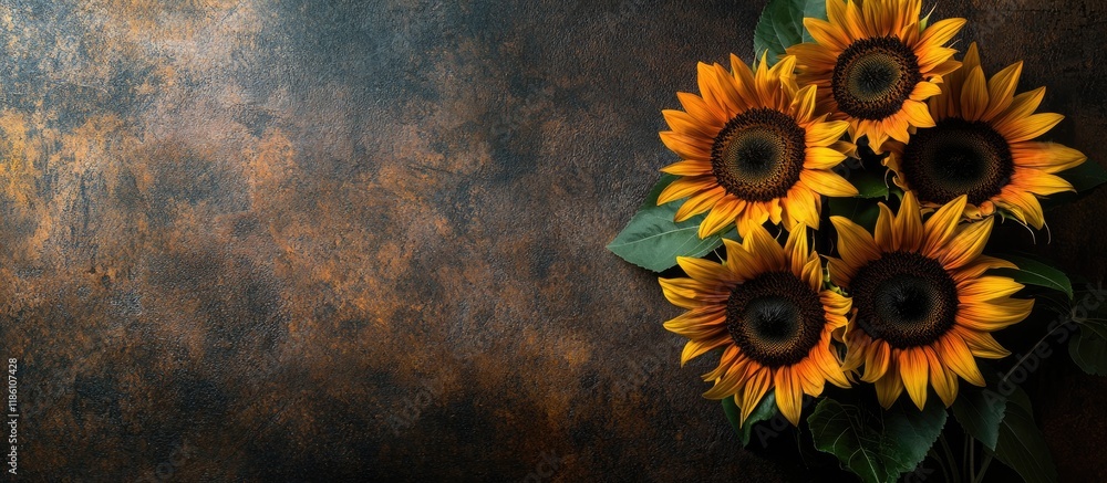 Poster sunflowers in partial shade against a rustic grunge backdrop with copy space