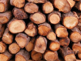 Stack of freshly cut wooden logs arranged for storage in a natural setting.