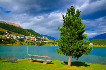 Fototapeta premium St Moritz City and Lake in a Sunny Day with Overcast in Grisons, Switzerland.