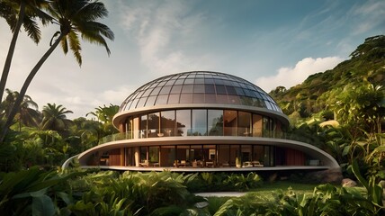 Obraz premium contemporary dome-shaped residence surrounded by lush tropical forest. curved and round glass panels and the organic forms of vegetation 