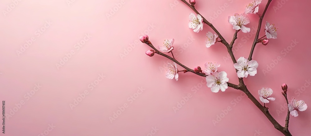 Poster spring theme an apricot branch on a pink backdrop close up top view sakura branch. with copy space i