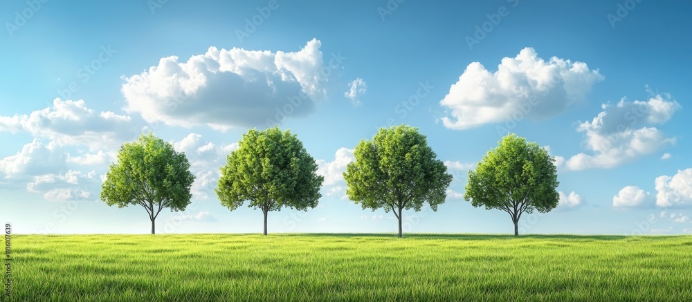 Poster trees in the center of a green field with a backdrop of a blue sky and clouds. with copy space image