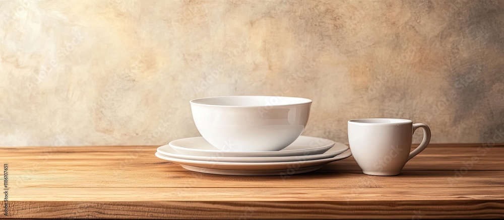 Leinwandbilder Empty tableware a white plate a bowl and a cup on a wooden table serving as a background for food photography in a vertical format. with copy space image. Place for adding text or design