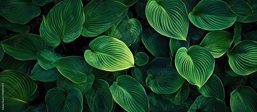 Aufkleber large round green hosta leaves viewed from above in the botanical garden of st petersburg. with copy