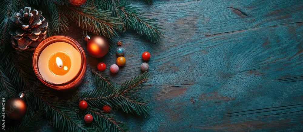 Aufkleber top view of fir branches decorated for christmas with a burning candle and candies on a wooden surfa