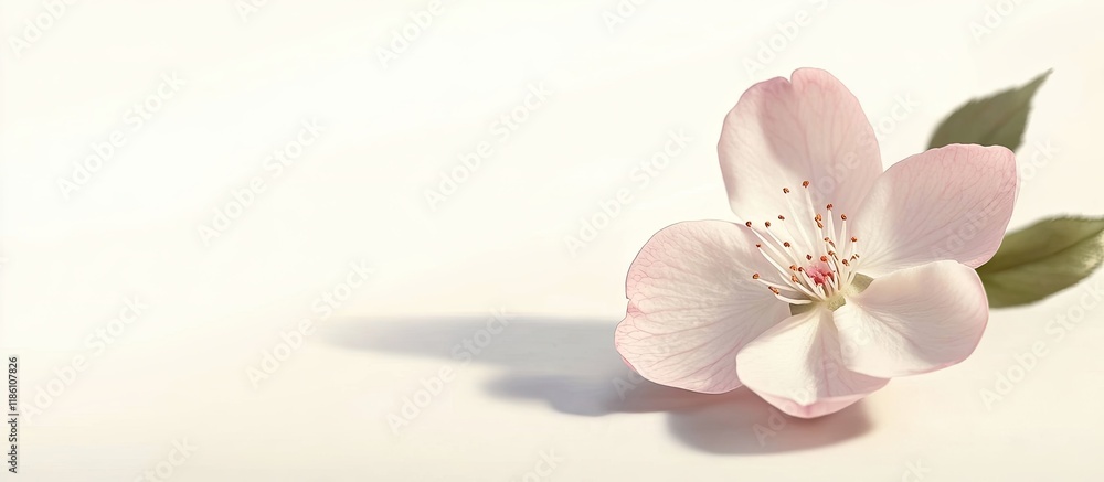 Poster beautiful spring pink delicate flower bud on a light white background with shadows and open copyspac