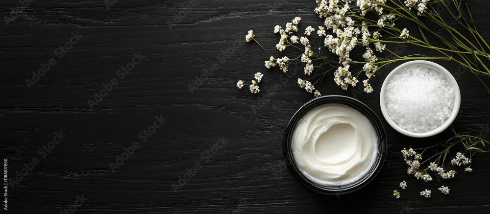 Poster cosmetic cream soap and bath salts featuring yarrow herbal flowers on a black wooden table. with cop