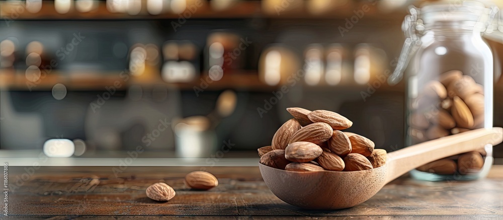 Aufkleber Almonds in a wooden spoon on a table background Almonds in a glass jar Selective focus. with copy space image. Place for adding text or design