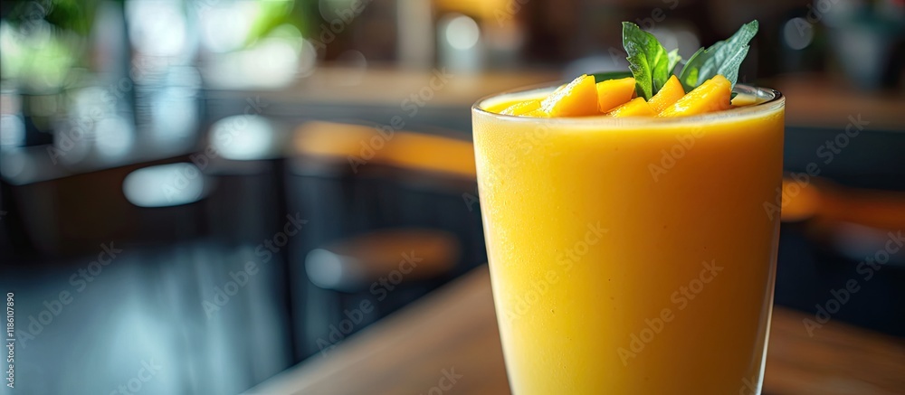 Aufkleber closeup macro of a mango smoothie drink in a restaurant featuring copy space