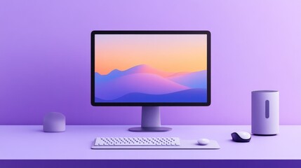 Fototapeta premium Minimalist desk setup with a single monitor, keyboard, and mouse on a gradient purple backdrop.