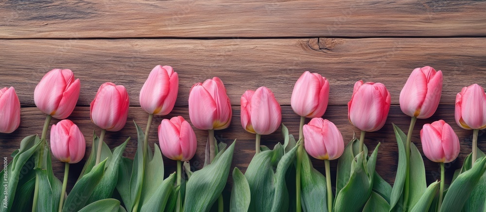 Fototapete border made of vibrant pink tulip flowers on a wooden surface selective focus space for text. with c