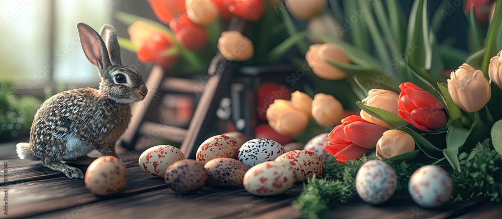 Poster Easter arrangement featuring a ladder with quail eggs a bunny and tulips on a wooden table accompanied by a sign that says Ostern. with copy space image. Place for adding text or design