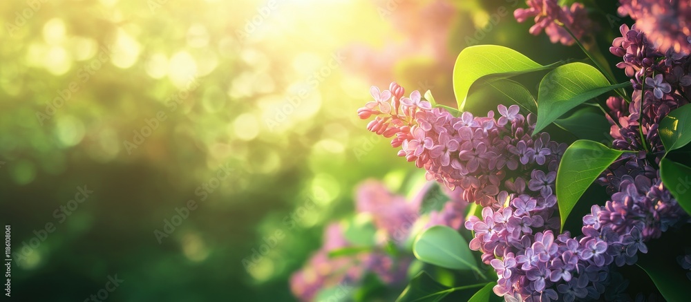 Poster A lilac branch against a backdrop of green leaves Spring. with copy space image. Place for adding text or design