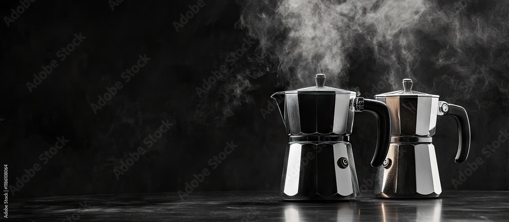 Poster Steam coffee maker on a table Two coffee makers against a black and white background. with copy space image. Place for adding text or design