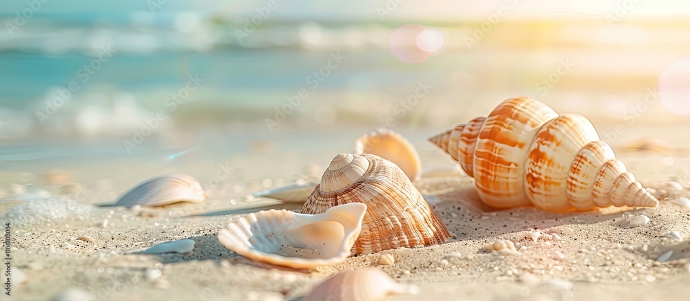 Poster lovely seashells on a sandy shore. with copy space image. place for adding text or design
