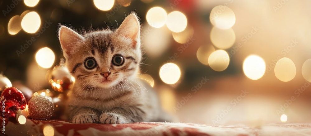 Poster Small amusing kitten on a Christmas backdrop close up. with copy space image. Place for adding text or design