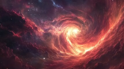 A swirling nebula of red and orange gas in space with stars scattered throughout.