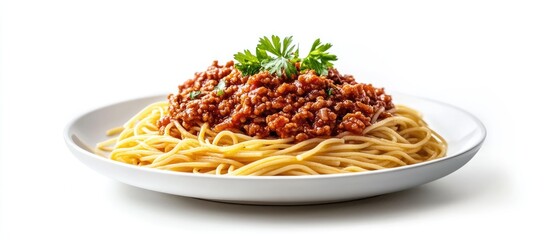 Italian bolognese dish with spaghetti served on a plate against a white background. with copy space image. Place for adding text or design