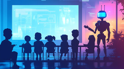 A robot teaches children in a futuristic classroom with digital screens.