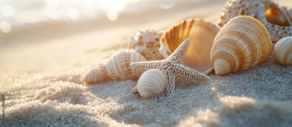 Poster Close up of sea shells and a star on a sandy background with copy space A natural summer backdrop featuring fine white sand Selective focus