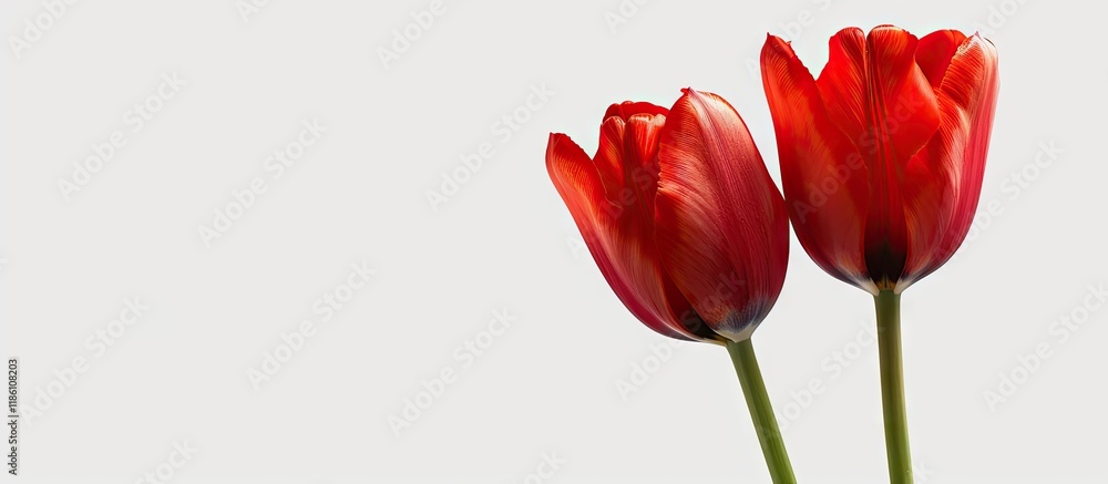 Poster red tulip flower set against a white background. with copy space image. place for adding text or des