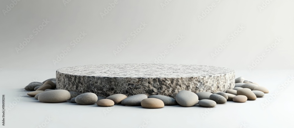 Leinwandbilder Presentation for a product Stone podium and pebbles on a light gray background Area for text. with copy space image. Place for adding text or design