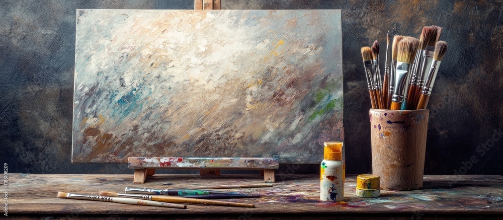 Aufkleber Artistic paintbrushes canvas on an easel tubes of oil paint and a palette knife on a wooden board. with copy space image. Place for adding text or design