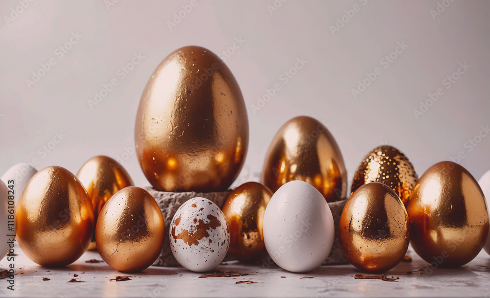 Aufkleber group of eggs, some of which are gold and some are white. they are arranged in a line