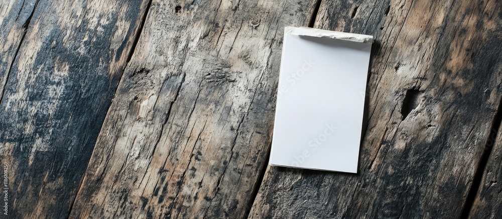 Poster Notepad sticky note with room for text Situated on a weathered wooden floor concept. with copy space image. Place for adding text or design