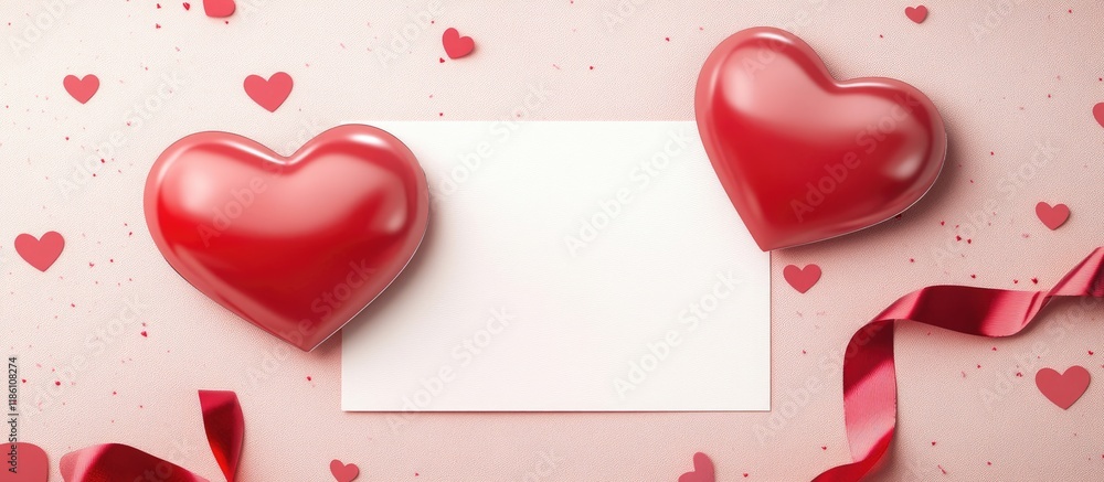 Poster Valentine s Day blank greeting card set against a backdrop of two hearts and a ribbon. with copy space image. Place for adding text or design
