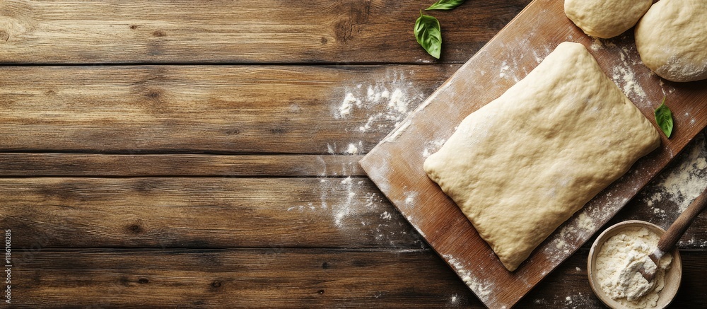 Aufkleber Close up of dough being rolled out on a wooden cutting board viewed from above. with copy space image. Place for adding text or design