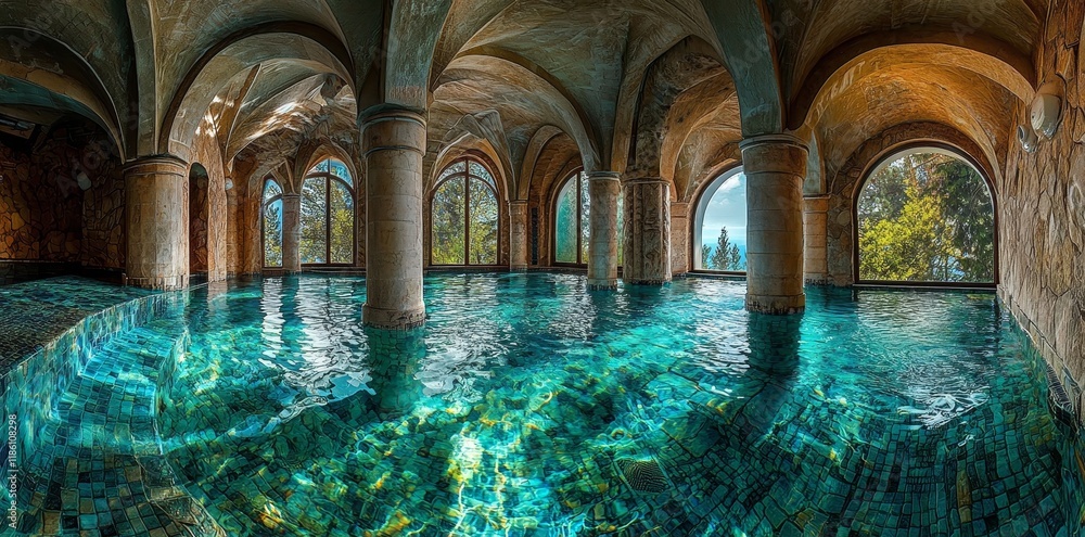 Poster a modern indoor setting with an empty swimming pool that mirrors the architectural style