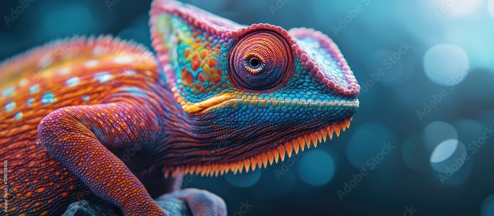 Poster Close up of a vibrant colorful chameleon gazing at the camera. with copy space image. Place for adding text or design