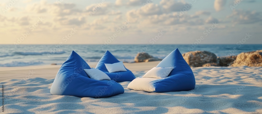 Aufkleber empty modern blue and white triangular bean bag chairs and pillows placed on the sandy beach with co