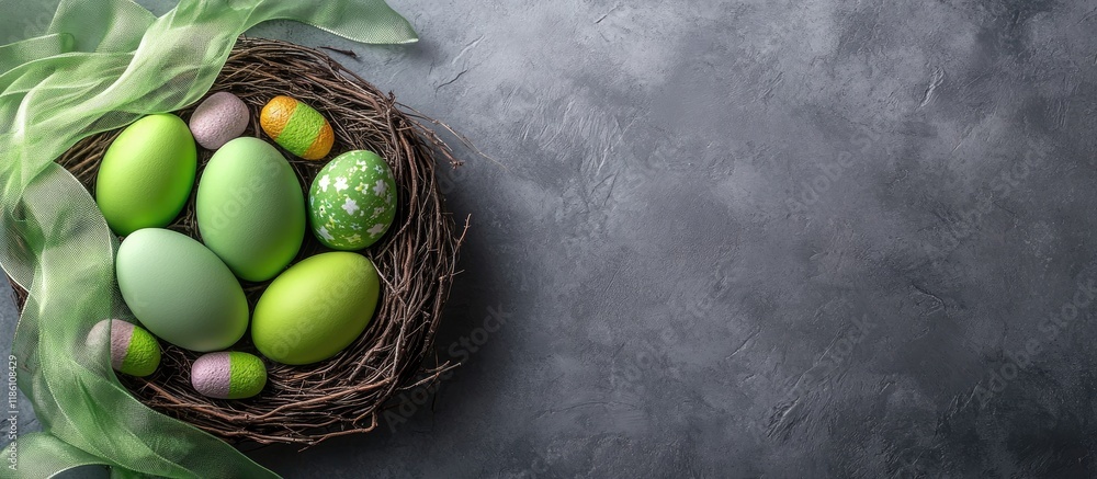 Aufkleber green easter eggs in a nest with a silk ribbon on a gray stone backdrop alongside colorful sweets mo
