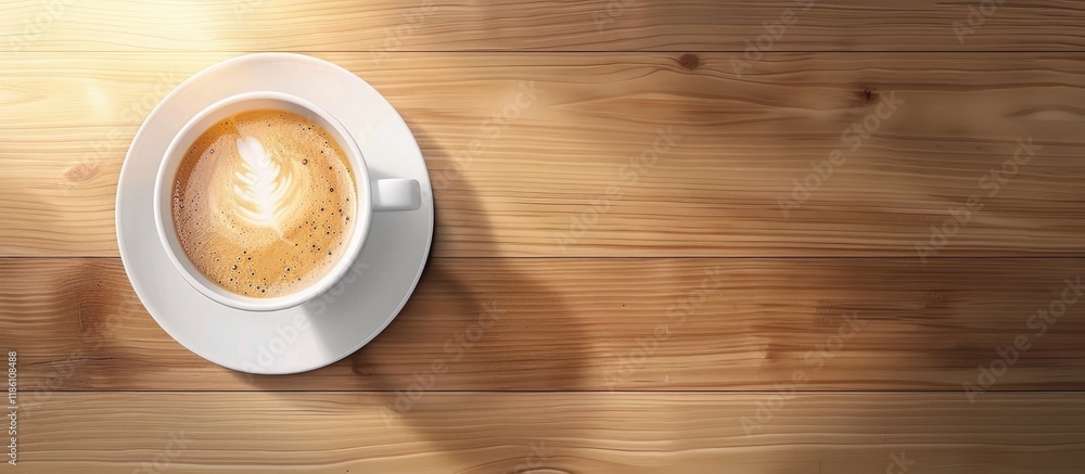 Leinwandbilder Close up top view of a hot latte coffee cup on a wooden table Overhead view of a coffee cup in the morning. with copy space image. Place for adding text or design