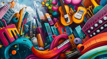 Fototapeta premium Vibrant Cityscape Musical Instruments Art
