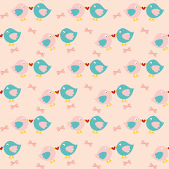 Seamless pattern featuring two birds facing each other with a heart in between, light pink bow on a light pink background. Ideal for Valentine’s Day designs, gift wrapping, and fabric prints.
