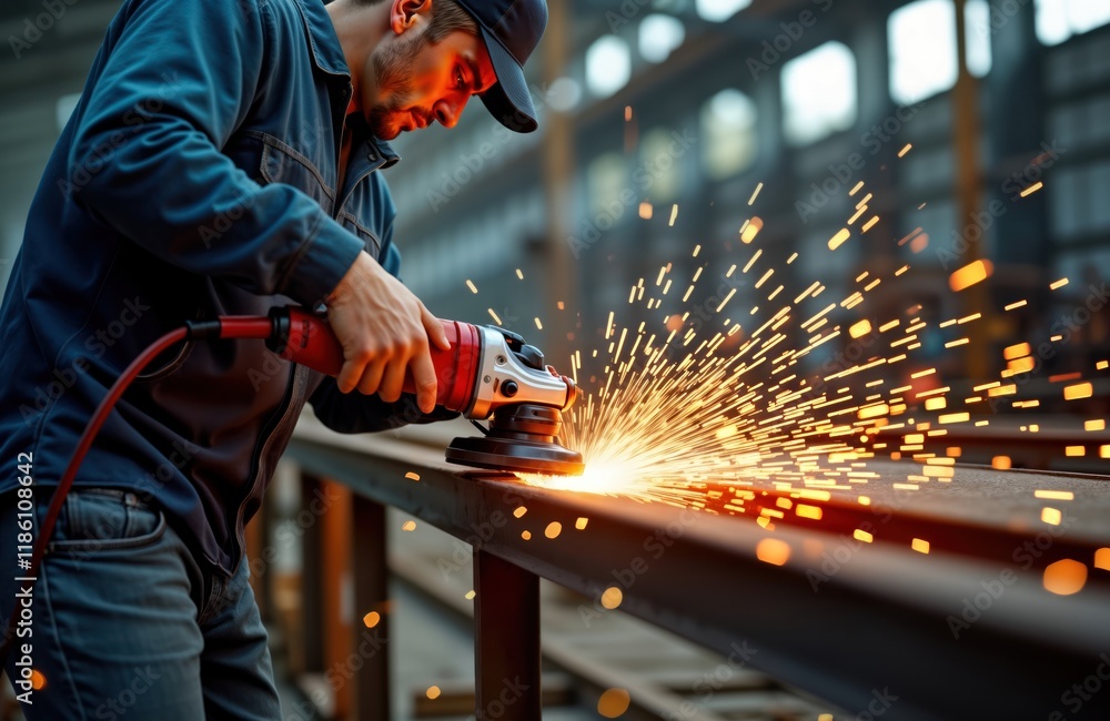 Poster man uses electric grinder on steel structure. sparks fly around. industrial worker in factory. metal